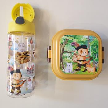 BORRACCIA con cannuccia GATTO CON GLI STIVALI  500ml +LUNCH BOX porta merenda coordinato